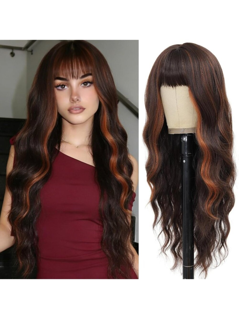 Women's Brown 26 Inch Natural Looking Heat Resistant Synthetic Wigs Bangs
